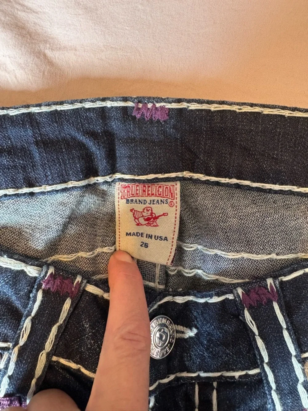 True Religion Dark Blue Skinny Jeans with White Stitching and Purple Patch - Picture 5 of 12